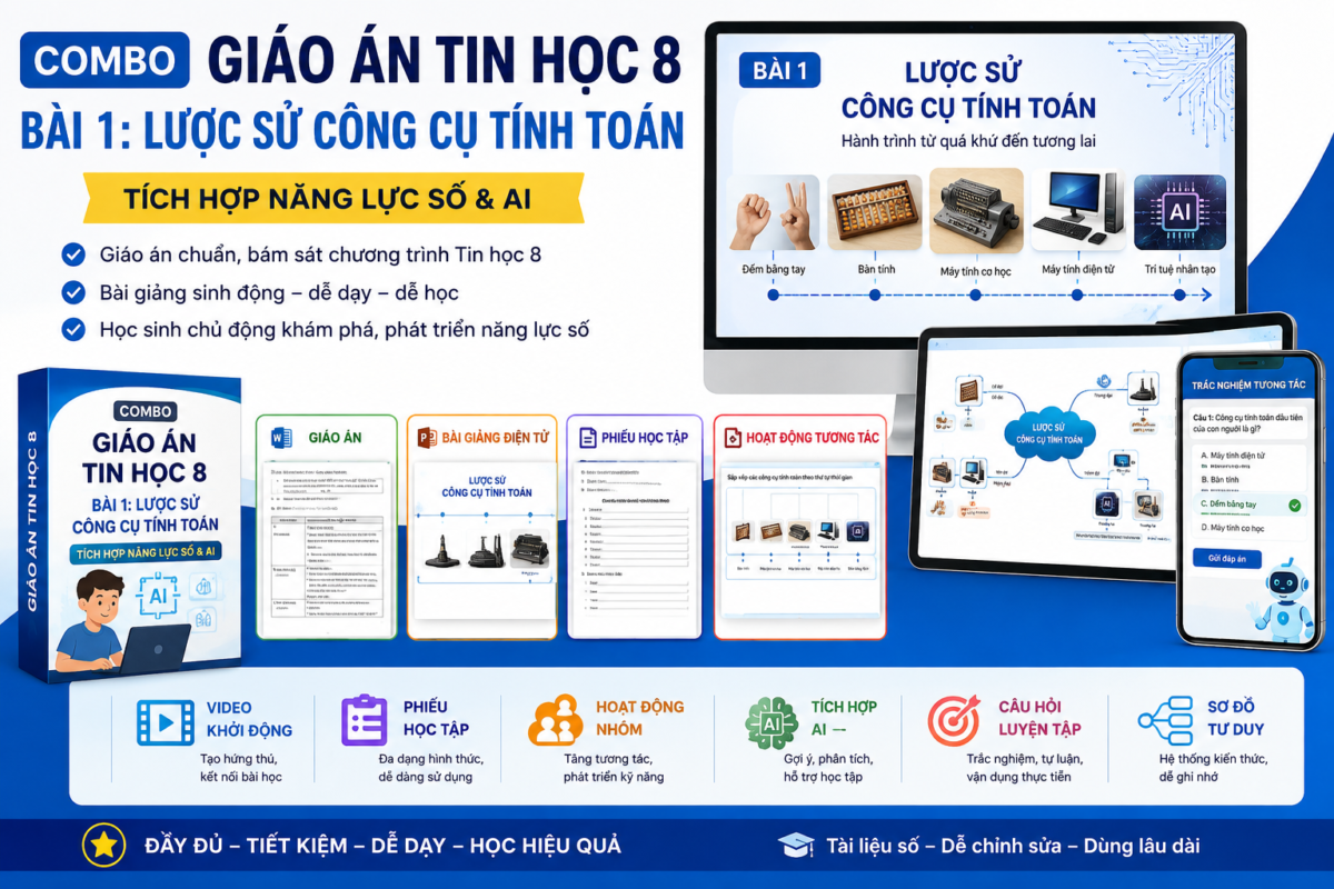 Combo giáo án tin 8 tích hợp năng lực số và AI Bài 1. Lược sử công cụ tính toán